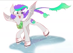 Size: 1416x1037 | Tagged: safe, artist:melodylibris, derpibooru import, oc, oc only, oc:lony, bat pony, pony, bat pony oc, clothes, cute, female, ice, ice skates, ice skating, mare, ocbetes, open mouth, open smile, scarf, simple background, smiling, solo, spread wings, striped scarf, white background, wings