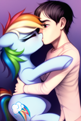 Size: 512x768 | Tagged: safe, derpibooru import, machine learning generated, rainbow dash, human, pegasus, pony, blushing, duo, female, hug, hugging a pony, interspecies, kiss on the lips, kissing, male, mare, straight