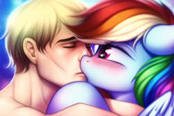 Size: 768x512 | Tagged: safe, derpibooru import, machine learning generated, rainbow dash, human, pegasus, pony, blushing, duo, female, hug, hugging a pony, interspecies, kiss on the lips, kissing, male, mare, straight