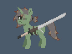 Size: 1376x1024 | Tagged: safe, artist:longsword, derpibooru exclusive, derpibooru import, oc, oc only, oc:longsword, pony, unicorn, abstract background, belt, dock, eye scar, facial scar, female, greatsword, hair tie, mare, pixel art, scabbard, scar, solo, standing, sword, tail, weapon