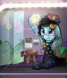 Size: 2900x3364 | Tagged: safe, artist:appleneedle, derpibooru import, oc, earth pony, pony, art, backstage, bow, character, digital, draw, drawing, fanart, lights, paint, painting, poster, preparation, promps, show, singer, stars