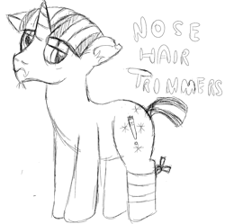 Size: 1953x1944 | Tagged: safe, artist:tigerbeetle, derpibooru exclusive, derpibooru import, oc, oc only, oc:nosehair trimmers, unicorn, no second prances, bandage, cutie mark, depressed, exclamation point, frown, implied cranky doodle donkey, male, scruff, short tail, simple background, sketch, spark, stallion, tail, torn ear, white background