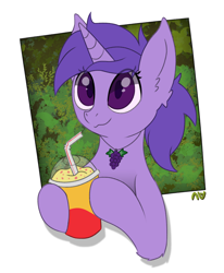 Size: 1108x1346 | Tagged: safe, artist:nyrikiri, derpibooru exclusive, derpibooru import, oc, oc only, oc:grapie, unicorn, bust, cup, female, mare, solo