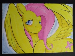 Size: 794x596 | Tagged: safe, artist:edgarkingmaker, derpibooru import, fluttershy, pegasus, pony, aside glance, blushing, copic, etsy, female, looking at you, partially open wings, raised hoof, raised leg, solo, three quarter view, traditional art, wings