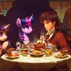 Size: 1024x1024 | Tagged: safe, derpibooru import, generator:stable diffusion, machine learning generated, twilight sparkle, twilight velvet, human, pony, food, restaurant, table, upscaled, waifu2x