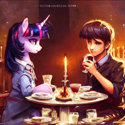 Size: 1024x1024 | Tagged: safe, derpibooru import, generator:stable diffusion, machine learning generated, twilight sparkle, unicorn twilight, human, semi-anthro, unicorn, candle, clothes, duo, food, machine learning abomination, restaurant, table, upscaled, waifu2x