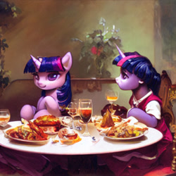 Size: 1024x1024 | Tagged: safe, derpibooru import, generator:stable diffusion, machine learning generated, twilight sparkle, unicorn twilight, pony, unicorn, anatomically incorrect, clothes, duality, duo, duo female, female, food, restaurant, self paradox, table, upscaled, waifu2x