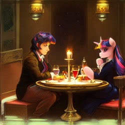 Size: 1024x1024 | Tagged: safe, derpibooru import, generator:stable diffusion, machine learning generated, twilight sparkle, unicorn twilight, human, semi-anthro, unicorn, candle, clothes, duality, duo, duo female, female, food, humanized, restaurant, self paradox, self ponidox, upscaled, waifu2x