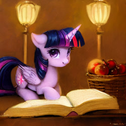 Size: 1024x1024 | Tagged: safe, derpibooru import, generator:stable diffusion, machine learning generated, twilight sparkle, twilight sparkle (alicorn), alicorn, pony, apple, book, food, lying down, ponyloaf, prone, solo, upscaled, waifu2x