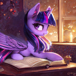 Size: 1024x1024 | Tagged: safe, derpibooru import, generator:stable diffusion, machine learning generated, twilight sparkle, twilight sparkle (alicorn), alicorn, pony, book, solo, upscaled, waifu2x, window