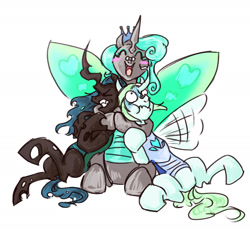 Size: 1836x1693 | Tagged: safe, derpibooru import, queen chrysalis, reversalis, changedling, changeling, changeling queen, female, group, group hug, hug, mirror universe, purified chrysalis, self paradox, self ponidox, simple background, white background