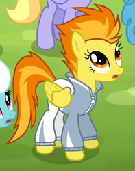 Size: 537x680 | Tagged: safe, derpibooru import, screencap, fleetfoot, spitfire, pegasus, pony, rainbow falls, season 4, clothes, female, grass, looking up, open mouth, warmup suit