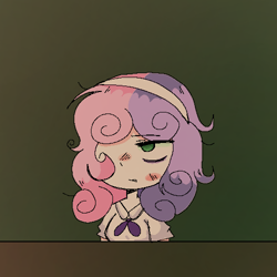 Size: 500x500 | Tagged: safe, artist:katotako, derpibooru exclusive, derpibooru import, sweetie belle, human, equestria girls, bags under eyes, breasts, clothes, green background, green eyes, headdress, humanized, simple background, solo, table, tired, two toned hair