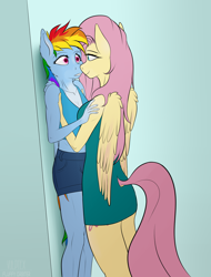 Size: 2178x2862 | Tagged: safe, artist:fluffyorbiter, derpibooru import, fluttershy, rainbow dash, anthro, pegasus, pony, against wall, anticipation, ass, bedroom eyes, breasts, butt, clothes, delicious flat chest, dock, dress, duo, duo female, eye contact, female, flutterbutt, flutterdash, height difference, holding a pony, hootershy, lesbian, looking at each other, looking at someone, mare, meme, muscles, ponified, ponified meme, rainbow flat, rainbuff dash, shipping, shirt, shorts, small breasts, smiling, surprised, tail, tallershy, tanktop, undershirt, wings