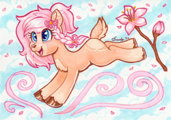 Size: 2080x1468 | Tagged: safe, artist:dandy, derpibooru import, oc, oc only, deer, deer pony, original species, blushing, bow, braid, cherry blossoms, chest fluff, cloven hooves, copic, doe, female, flower, flower blossom, flower petals, freckles, happy, mare, open mouth, open smile, ponytail, smiling, solo, traditional art