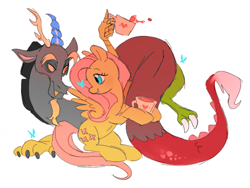 Size: 640x480 | Tagged: safe, artist:waackery, derpibooru import, discord, fluttershy, butterfly, draconequus, pegasus, pony, cup, discoshy, duo, duo male and female, female, food, head turned, hoof hold, hug, looking at someone, looking at something, male, mare, shipping, simple background, smiling, spread wings, straight, tea, tea party, teacup, white background, wings