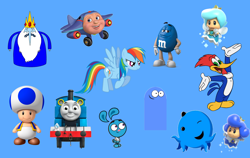 Size: 2030x1280 | Tagged: safe, derpibooru import, edit, rainbow dash, bird, octopus, pegasus, pony, g4, adventure time, bloo (foster's), blue, blue background, blue m&m, blue sprixie princess, blue toad, cartoon, cartoon network, chocolate, crossover, cute, cyan sprixie princess, dashabetes, female, food, foster's home for imaginary friends, ice king, jay-jay the jet plane, jet plane, m&m's, mare, my little pony, new super mario bros. wii, oswald, plane, simple background, super mario 3d world, super mario bros., the new woody woodpecker show, thomas the tank engine, toad (mario bros), train, woodpecker, woody woodpecker, woody woodpecker (series), yang, yin yang yo!