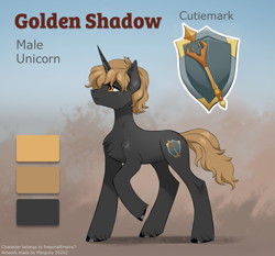 Size: 1623x1515 | Tagged: safe, artist:margony, derpibooru import, oc, oc:golden shadow, pony, unicorn, cutie mark, redesign, redraw, reference sheet, scepter, shield