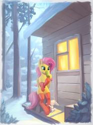 Size: 2033x2719 | Tagged: safe, artist:foxpit, derpibooru import, angel bunny, fluttershy, pegasus, pony, rabbit, animal, bipedal, bipedal leaning, bush, clothes, cup, drink, drinking, duo, female, folded wings, high res, hoof hold, house, leaning, mare, outdoors, sitting, snow, snowfall, socks, stockings, thigh highs, three quarter view, tree, window, wings, winter