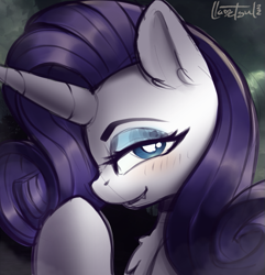 Size: 681x707 | Tagged: safe, artist:llametsul, derpibooru import, rarity, pony, unicorn, blushing, chest fluff, colored sketch, eyeshadow, fangs, looking at you, makeup, sketch, smiling, smiling at you, solo, white pupils