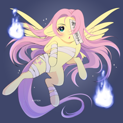 Size: 1506x1514 | Tagged: safe, artist:kitten-in-the-jar, derpibooru import, fluttershy, pegasus, pony, undead, bandage, blushing, ears, female, fire, floppy ears, gradient background, jiangshi, looking at you, mare, ofuda, open mouth, paper talisman, solo, spread wings, wings