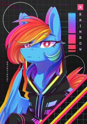 Size: 2480x3508 | Tagged: safe, artist:musicfirewind, derpibooru import, rainbow dash, pegasus, pony, clothes, cyberpunk, cyberpunk 2077, hoodie, looking at you, solo