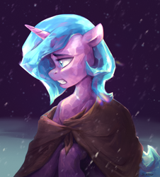 Size: 1200x1330 | Tagged: safe, artist:jewellier, derpibooru import, idw, radiant hope, crystal pony, unicorn, siege of the crystal empire, cloak, clothes, simple background, snow, snowfall, solo, the crystal empire 10th anniversary