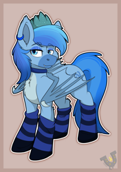 Size: 2057x2921 | Tagged: safe, artist:rokosmith26, derpibooru import, oc, oc only, oc:simon pegasus, bat pony, pony, bat eyes, bat pony oc, bat wings, blue, blue coat, blue eyes, blue eyeshadow, blue fur, blue mane, blue socks, border, cheek fluff, chest fluff, claws, clothes, coat markings, collar, colored wings, commission, crown, digital art, ear piercing, earring, eyeshadow, fangs, high res, jewelry, lidded eyes, long tail, makeup, male, piercing, regalia, simple background, smiling, socks, solo, stallion, standing, striped background, striped mane, striped socks, striped tail, tail, two toned wings, wall of tags, watermark, wing claws, wings