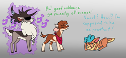Size: 4693x2160 | Tagged: safe, artist:0xyr0, derpibooru import, arizona cow, stronghoof hoofstrong, velvet reindeer, cow, deer, reindeer, them's fightin' herds, blue text, community related, dialogue, doe, eyes closed, father and child, father and daughter, female, gradient background, gray background, green text, imminent pain, jojo's bizarre adventure, male, menacing, overprotective, parent and child, simple background, stag, trio, ゴ ゴ ゴ
