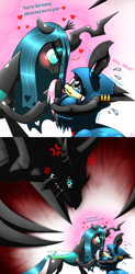 Size: 3948x8016 | Tagged: safe, artist:questionmarkdragon, derpibooru import, fluttershy, queen chrysalis, oc, oc:qoah, changeling, changeling queen, insect, original species, blushing, chrysashy, cloak, clothes, female, floating heart, heart, lesbian, magical parthenogenic spawn, offspring, overprotective, parent:fluttershy, shipping, species swap