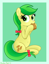 Size: 2955x3876 | Tagged: safe, artist:rainbowšpekgs, derpibooru import, apple fritter, earth pony, pony, apple family member, apple fritter (food), belly, belly button, bow, chubby, cute, eating, food, nom, sitting, solo