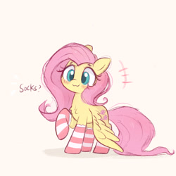 Size: 1758x1758 | Tagged: safe, artist:kqaii, derpibooru import, fluttershy, pegasus, pony, :3, blushing, chest fluff, clothes, cute, emanata, female, raised hoof, raised leg, shyabetes, simple background, socks, solo, striped socks, text, white background, wings, wings down