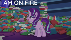 Size: 1920x1080 | Tagged: safe, derpibooru import, edit, edited screencap, editor:quoterific, screencap, starlight glimmer, pony, unicorn, every little thing she does, book, female, mare, open mouth, pile of books, solo, twilight's castle