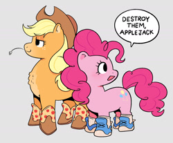 Size: 1854x1535 | Tagged: safe, artist:quazies, derpibooru import, applejack, pinkie pie, earth pony, pony, boots, chest fluff, clothes, cowboy boots, cowboy hat, dialogue, duo, female, females only, gray background, hat, mare, shoes, short legs, simple background, sneakers, speech bubble, straw in mouth