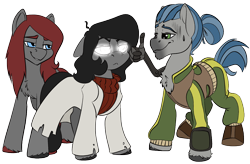 Size: 1552x1021 | Tagged: safe, artist:brainiac, derpibooru import, oc, oc only, oc:cerise, oc:outlook grim, oc:silent echoes, earth pony, pony, 2022 community collab, derpibooru community collaboration, female, male, mare, simple background, stallion, transparent background, trio