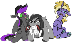 Size: 1446x880 | Tagged: safe, artist:brainiac, derpibooru import, oc, oc:blackjack, oc:heartshine, oc:somber, oc:willow wisp, bat pony, earth pony, pony, unicorn, fallout equestria, fallout equestria: project horizons, 2022 community collab, derpibooru community collaboration, female, heterochromia, mare, plushie, simple background, transparent background, trio