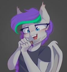 Size: 994x1067 | Tagged: safe, artist:melodylibris, derpibooru import, oc, oc only, oc:lony, anthro, bat pony, bat pony oc, blushing, female, gray background, knife, licking, looking at something, mare, open mouth, simple background, solo, tongue, tongue out