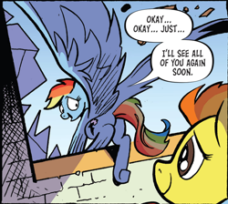 Size: 984x880 | Tagged: safe, artist:andypriceart, derpibooru import, idw, screencap, rainbow dash, spitfire, pegasus, pony, spoiler:comic, spoiler:comic100, broken window, butt, dialogue, eyes on the prize, open mouth, plot, season 10, smiling, speech bubble, spread wings, text, window, wings