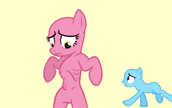 Size: 980x619 | Tagged: artist needed, source needed, safe, artist:ameliagirls53, derpibooru import, earth pony, pony, g4, hearts and hooves day (episode), season 2, background pony, bald, base, bipedal, duo, emaciated, eyelashes, famine, female, frown, hungry, looking at belly, malnourished, mare, open mouth, running, simple background, starvation, starving, stomach growl, stomach noise, tan background, underhoof