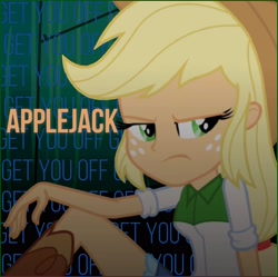 Size: 2985x2972 | Tagged: safe, derpibooru import, edit, edited screencap, screencap, applejack, human, equestria girls, shake your tail, album, album cover, background human, boots, clothes, fefe dobson, party, shoes, singer, single, skirt, solo