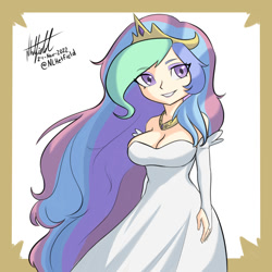 Size: 1000x1000 | Tagged: safe, artist:nlhetfield, derpibooru import, princess celestia, human, bare shoulders, breasts, cleavage, clothes, female, humanized, jewelry, long hair, princess breastia, regalia, signature, smiling, solo, white dress