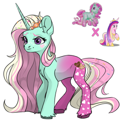 Size: 1080x1080 | Tagged: safe, artist:crumbelinadicarmello, derpibooru import, minty, oc, pony, unicorn, g3, g4, avatar maker fantasy pony, body markings, candy, facial markings, food, freckles, gradient legs, hair accessory, heart, holiday, long mane, magical lesbian spawn, offspring, parent:minty, parent:princess cadance, pink mane, princess, purple eyes, simple background, solo, sprinkles, transparent background, unshorn fetlocks, valentine's day, winter minty, yellow mane