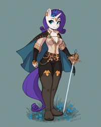 Size: 1600x2000 | Tagged: safe, artist:asimos, derpibooru import, rarity, anthro, plantigrade anthro, unicorn, absolute cleavage, boots, breasts, cape, cleavage, clothes, female, mare, rapier, shoes, solo, sword, thigh boots, weapon