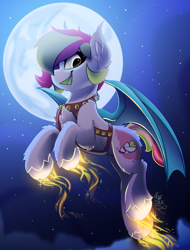 Size: 1900x2500 | Tagged: safe, artist:starcasteclipse, derpibooru import, part of a set, oc, oc only, bat pony, commission, female, flying, full moon, mare, moon, night, night sky, sky, smiling, ych result