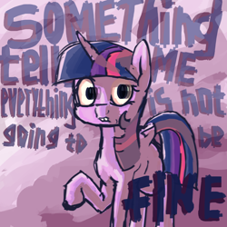 Size: 1500x1500 | Tagged: safe, artist:halfaman, derpibooru import, twilight sparkle, alicorn, concerned, error, fog, glitch, mist, quote, red eyes, solo, standing