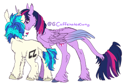 Size: 1630x1095 | Tagged: safe, artist:caffeinatedcarny, derpibooru import, dj pon-3, neon lights, twilight sparkle, twilight sparkle (alicorn), vinyl scratch, alicorn, unicorn, chest fluff, ear fluff, ears, female, heart, horn, leonine tail, lesbian, mare, scar, shipping, simple background, tail, transparent background, unshorn fetlocks, vinylight, wings