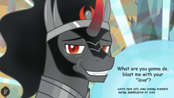 Size: 1920x1080 | Tagged: safe, artist:facelessjr, derpibooru import, king sombra, pony, unicorn, close-up, comic sans, crystal empire, evil, explosion, fangs, looking at you, magical energy weapon, male, meme, moments before disaster, quote, red eyes, shitposting, smiling, smug, solo, teeth, the crystal empire 10th anniversary