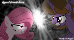 Size: 2080x1130 | Tagged: safe, artist:tanahgrogot, derpibooru import, oc, oc only, oc:annisa trihapsari, oc:princess kincade, alicorn, earth pony, pony, series:the legend of tenderheart, angry, black background, duo, duo female, female, fight, furious, glowing, glowing eyes, gritted teeth, ibispaint x, lightning, mare, rage, simple background, teeth, unamused, unhappy