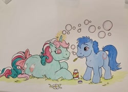 Size: 1144x825 | Tagged: safe, artist:foxspotted, derpibooru import, fizzy, earth pony, pony, twinkle eyed pony, unicorn, bubble, bubble solution, bubble wand, duo, female, filly, foal, lucky (g1), mare, mouth hold, traditional art