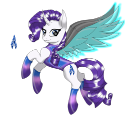 Size: 907x881 | Tagged: safe, artist:crystalfire562, derpibooru import, rarity, cyborg, pony, unicorn, artificial wings, augmented, clothes, leotard, mechanical wing, simple background, solo, transparent background, wings